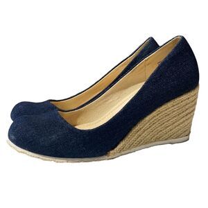 CL by Laundry Espadrille Shoes Dark Blue Denim Woven Wedge Women's Size 9.5